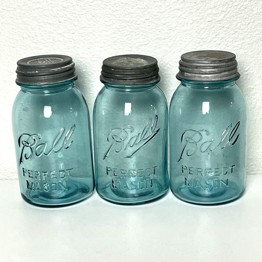 Antique Ball Perfect Mason Quart Jar Blue #4, 8 & 10 with Zinc Lids 1910-1933
